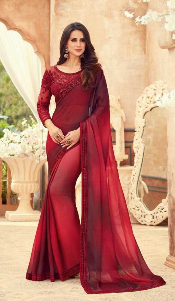 Maroon Color Chiffon Embroidered Designer Party Wear Saree Blouse -347120158