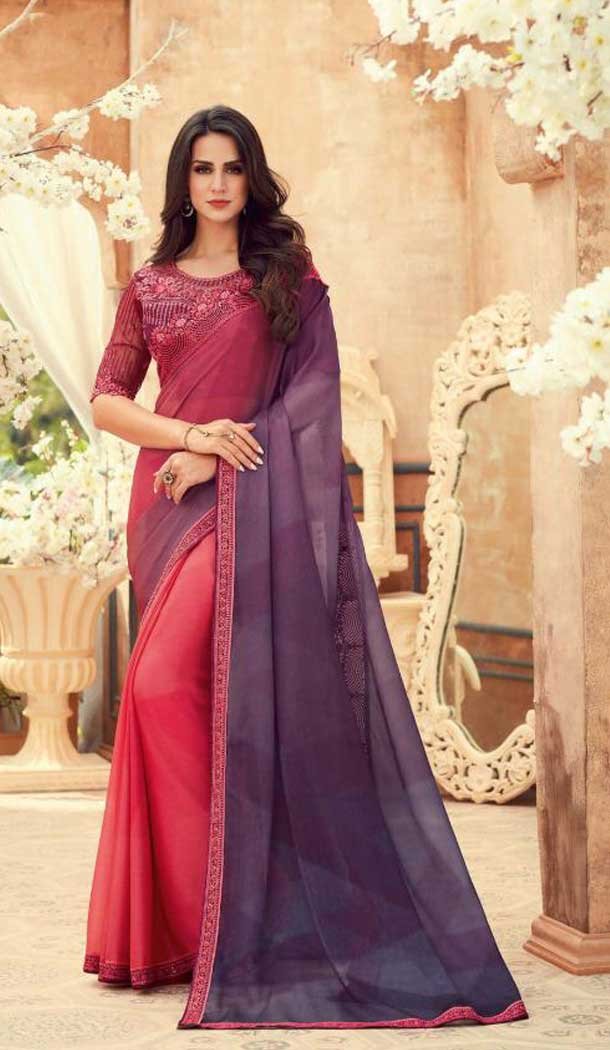 Multi Color Chiffon Embroidered Designer Party Wear Saree Blouse -347120163