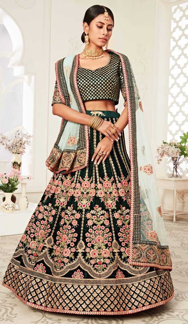 Green Color Velvet Designer Sangeet Mehendi Wear Lehenga Choli -359120270