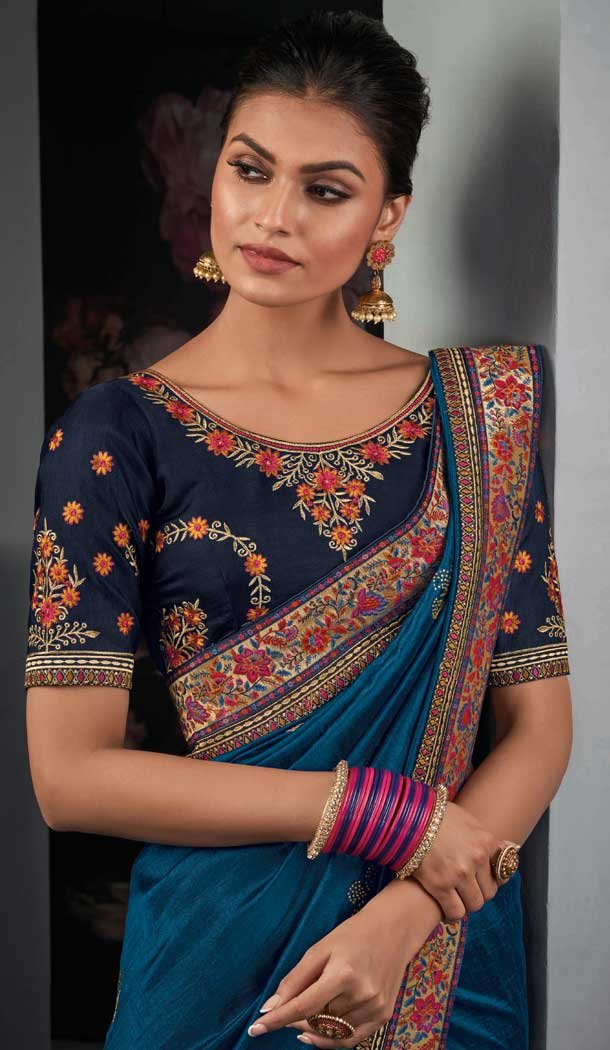 Adorable Blue Color Silk Designer Party Wear Embroidered Women Saree -358120262