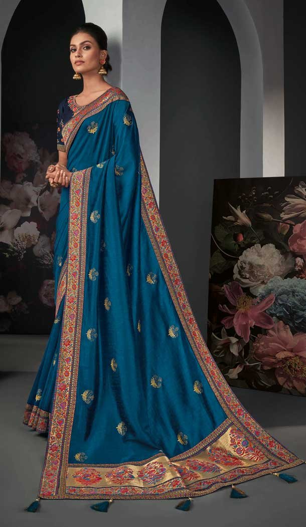 Adorable Blue Color Silk Designer Party Wear Embroidered Women Saree -358120262