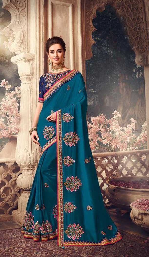Peacock Blue Color Handloom Silk Embroidred Work Party Wear Women Saree -370120381