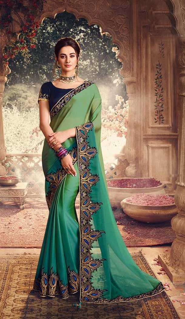 Green Sheded Color Georgette Silk Embroidred Work Party Wear Women Saree -370120383