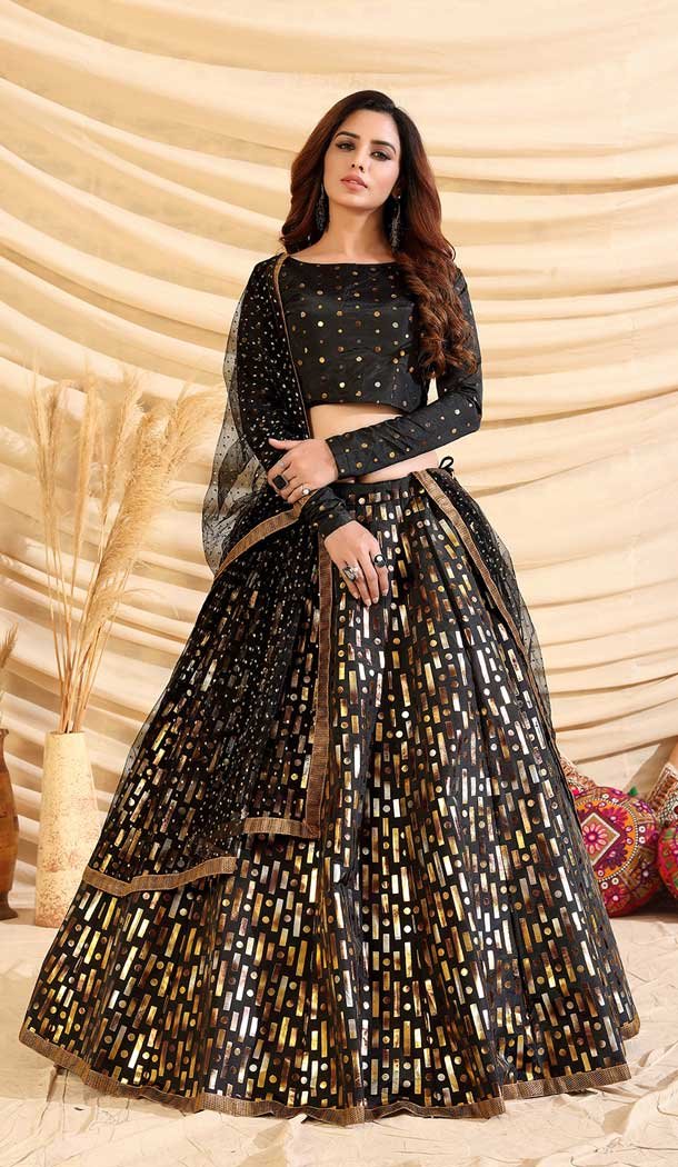 Gleaming Black Color Tafetta Silk Designer Party Wear Lehenga Choli -375120414