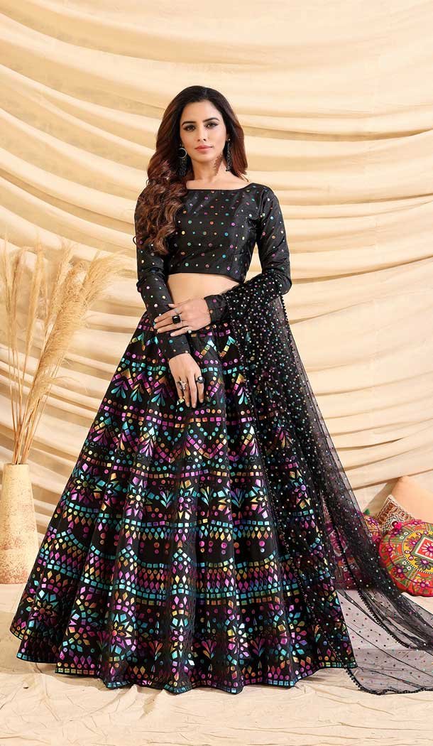 Dazzling Diva Black Color Tafetta Silk Designer Party Wear Lehenga Choli -375120417