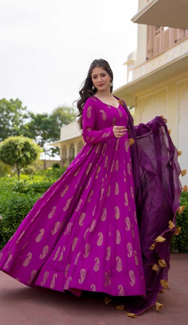 Magenta Color Pure Maslin Bandhej Style & Flaired Gown With Dupatta -380120452