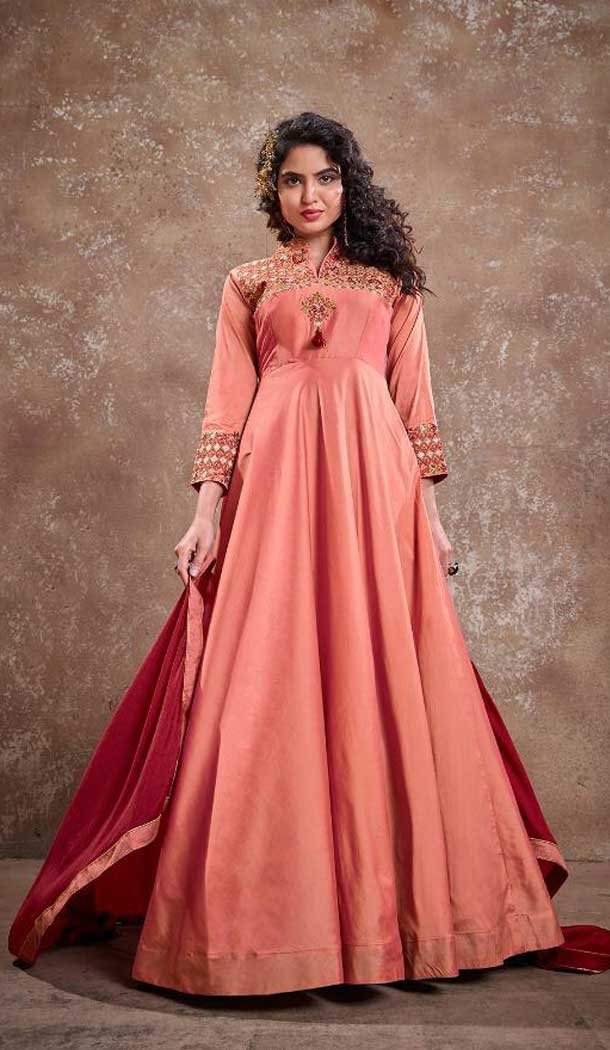 Peach Color Triva Silk Heavy Embroidered Designer Gown Suit -390120512