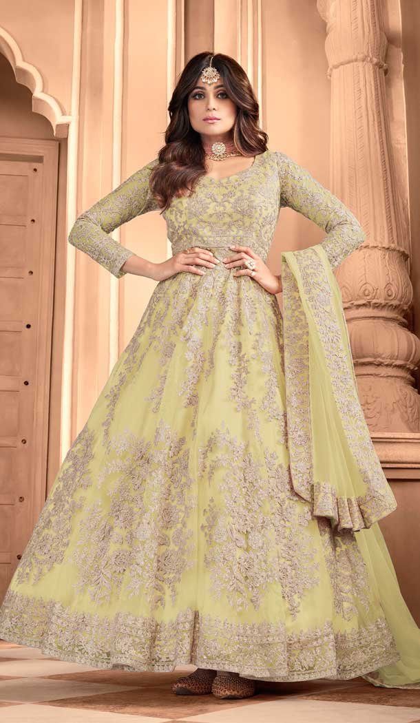 Lemon Color Butterfly Net Designer Party Wear Aanarkali Suit -398120694
