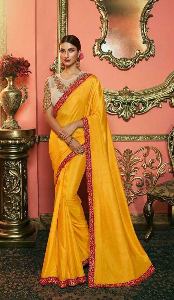 Musterd Color Dola Silk Heavy Embroidered Party Wear Saree Blouse -418120820