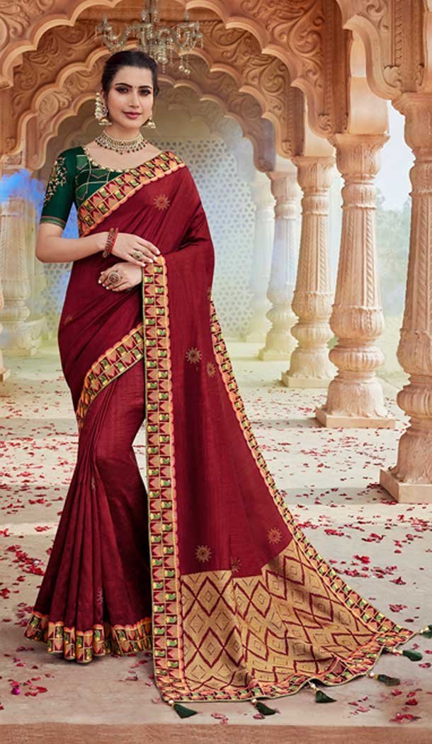 Maroon Color Fancy Silk Heavy Embroidered Party Wear Saree Blouse -427120942
