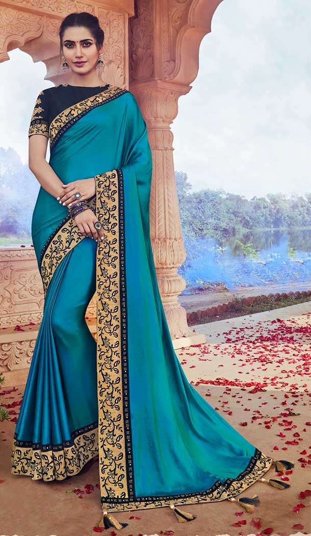 Blue Color Fancy Silk Heavy Embroidered Party Wear Saree Blouse -427120943