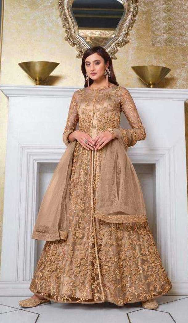 Beige Color Soft Net Heavy Embroidered Party Wear Indo Western Suit -445121096
