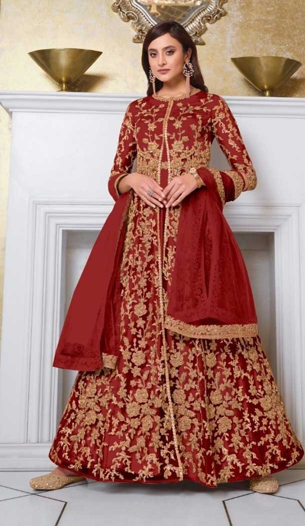 Red Color Soft Net Heavy Embroidered Party Wear Indo Western Suit -445121100
