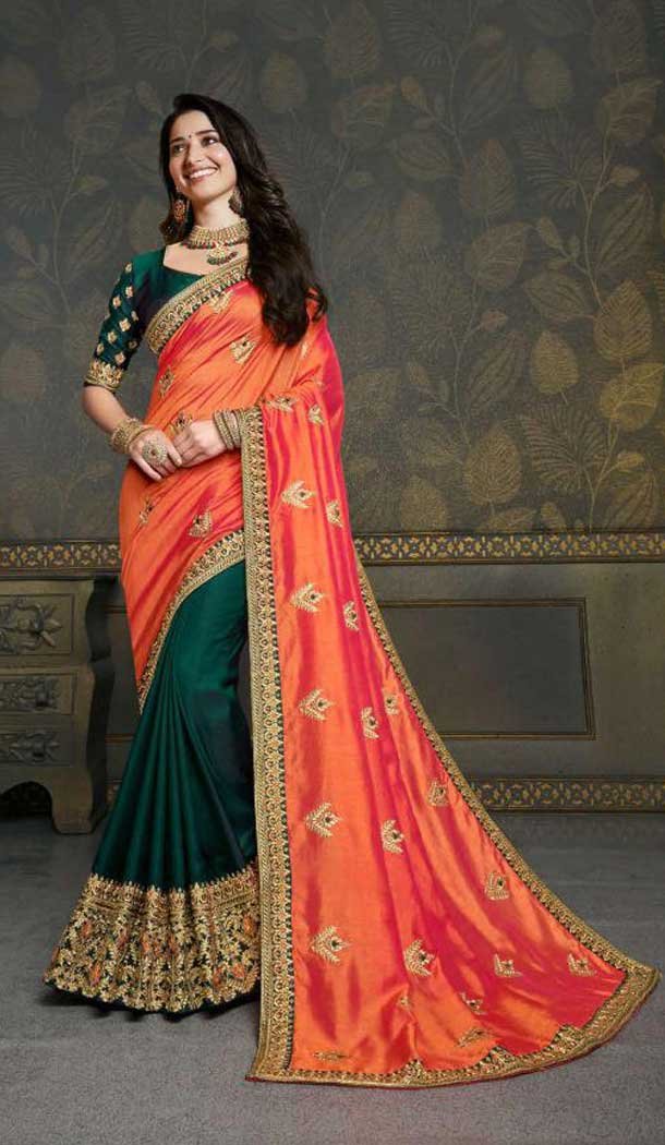 Orange Green Color Vichitra Silk Heavy Designer Party Wear Saree -456121306