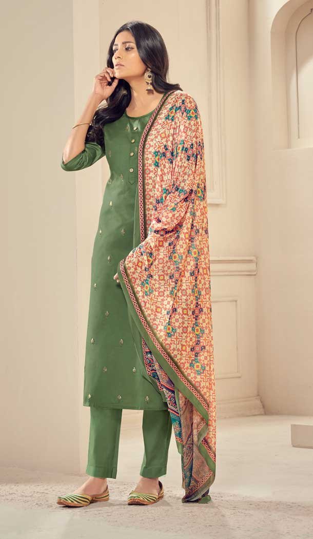 Classy Green Color Pure Jam Satin Readymade Party Wear Salwar Suit -484121541
