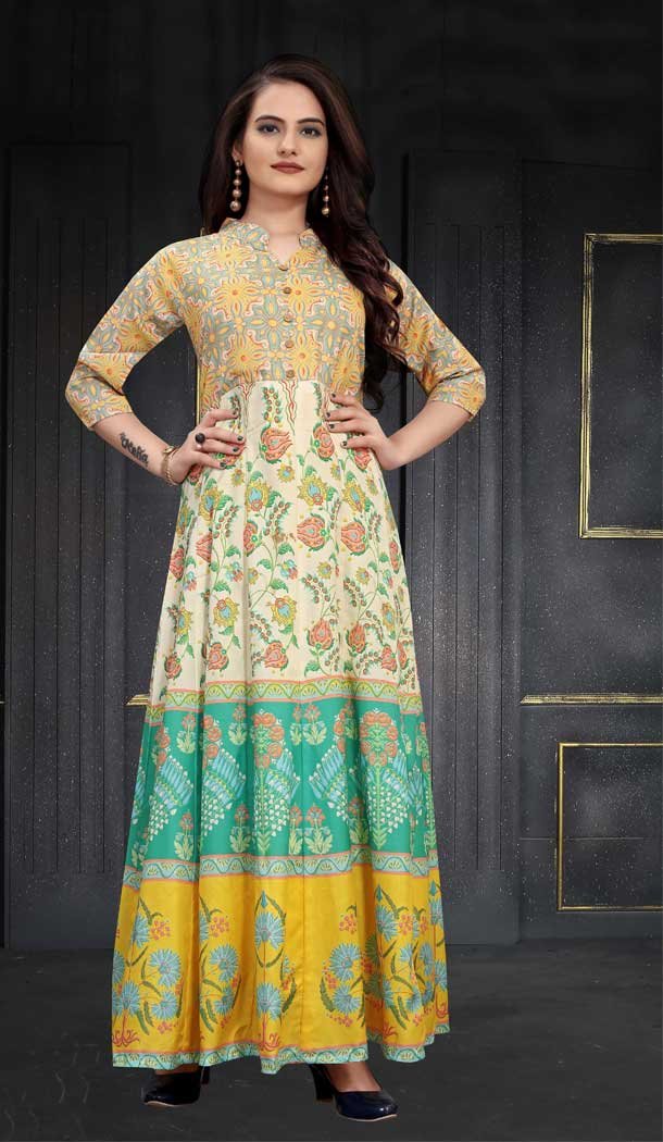 Fancy Multi Color Maslin Silk Digital Printed Readymade Gown Dress -497121658