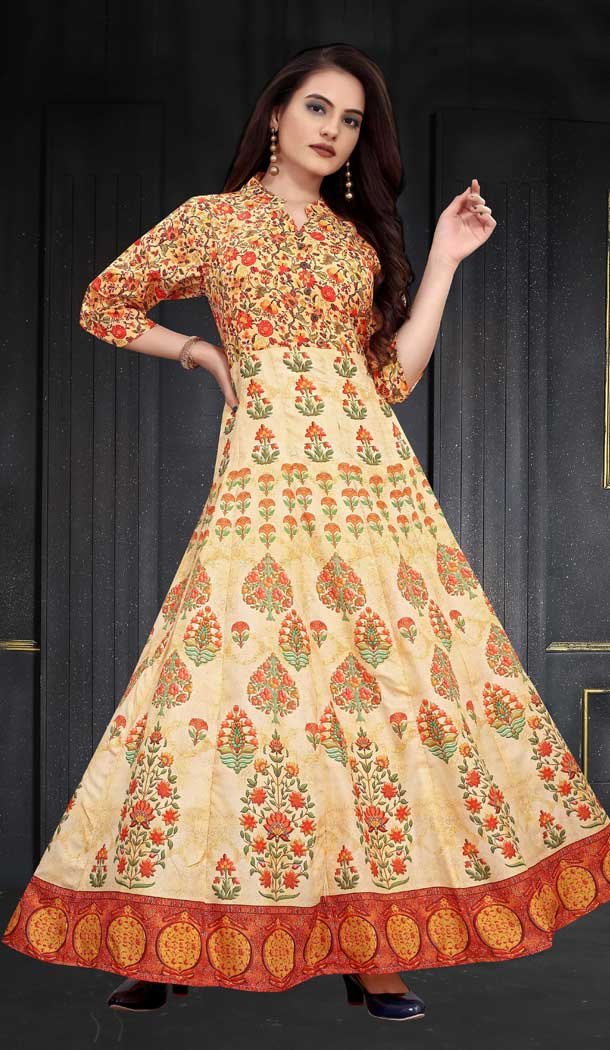 Contemporary Multi Color Maslin Silk Digital Printed Readymade Gown Dress -497121660