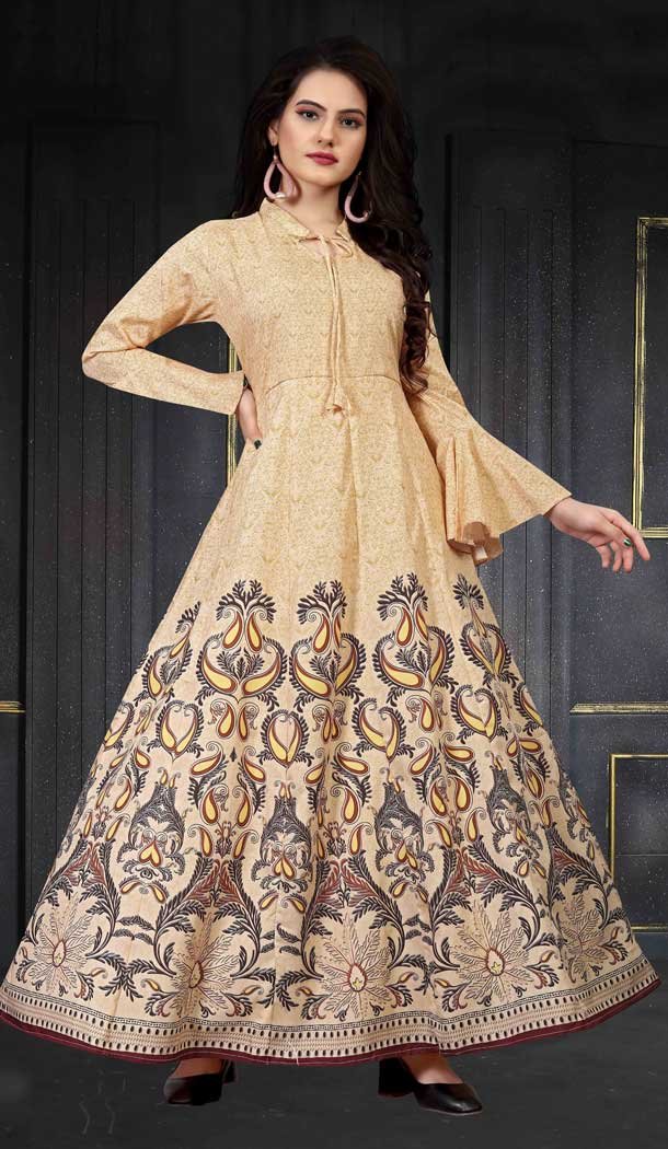 Cream Color Maslin Silk Digital Printed Readymade Gown Dress -497121663