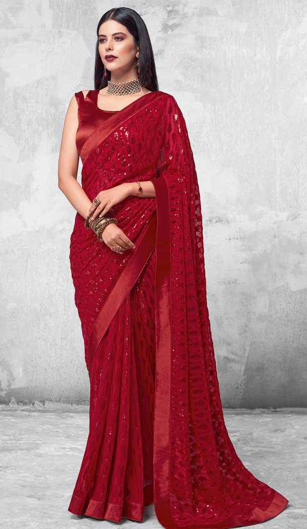 Chic Red Color Georgette Designer Party Wear Saree Blose -505121729