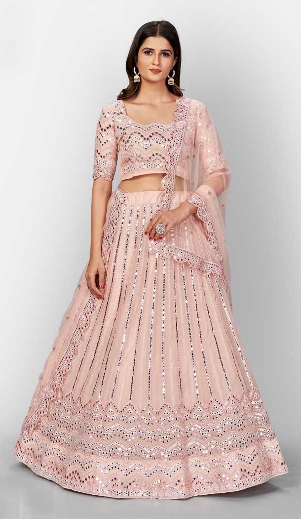 Peach Color Organza Heavy Designer Bridal Wear Lehenga Choli -506121735