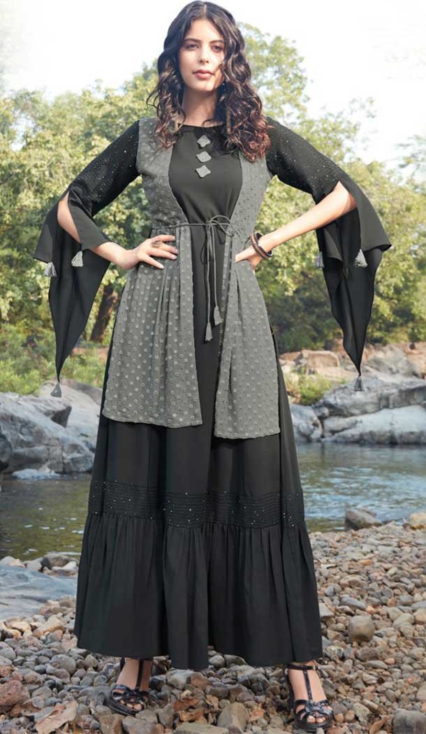 Grey Color Ryon Silk Readymade Traditional Party Wear Gown Dress -88217063