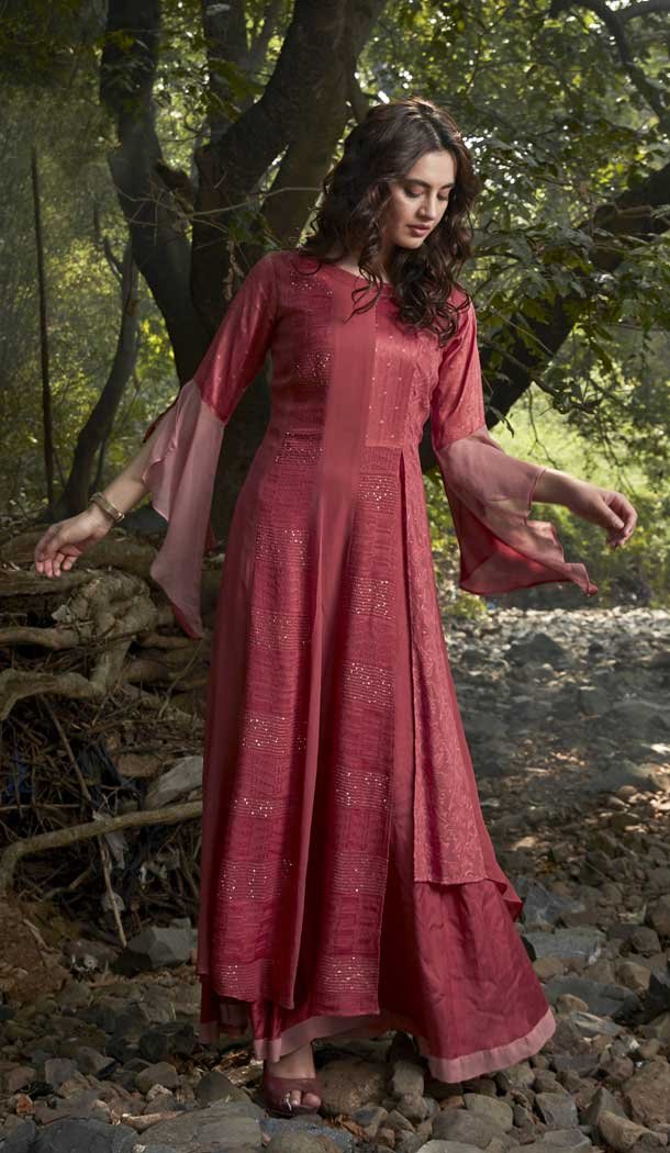 Bargundi Color Ryon Silk Readymade Traditional Party Wear Gown Dress -88217064