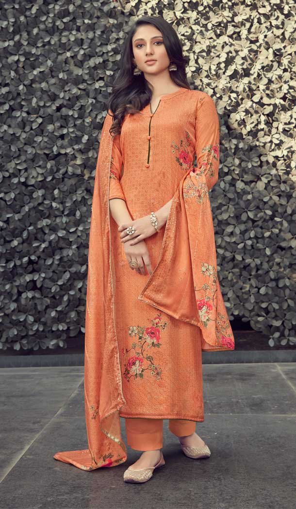 Peach Color Pure Muslin Digital Printed Work Evening Wear Dresses -517121889