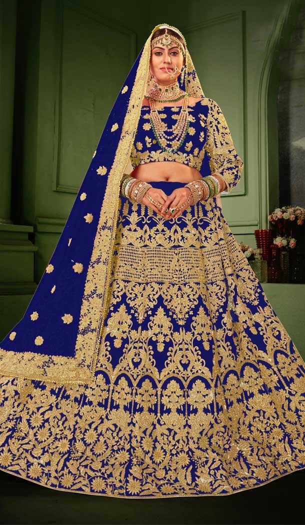 Blue Color Heavy Velvet Heavy Designer Bridal Wear Lehenga Choli -529122002