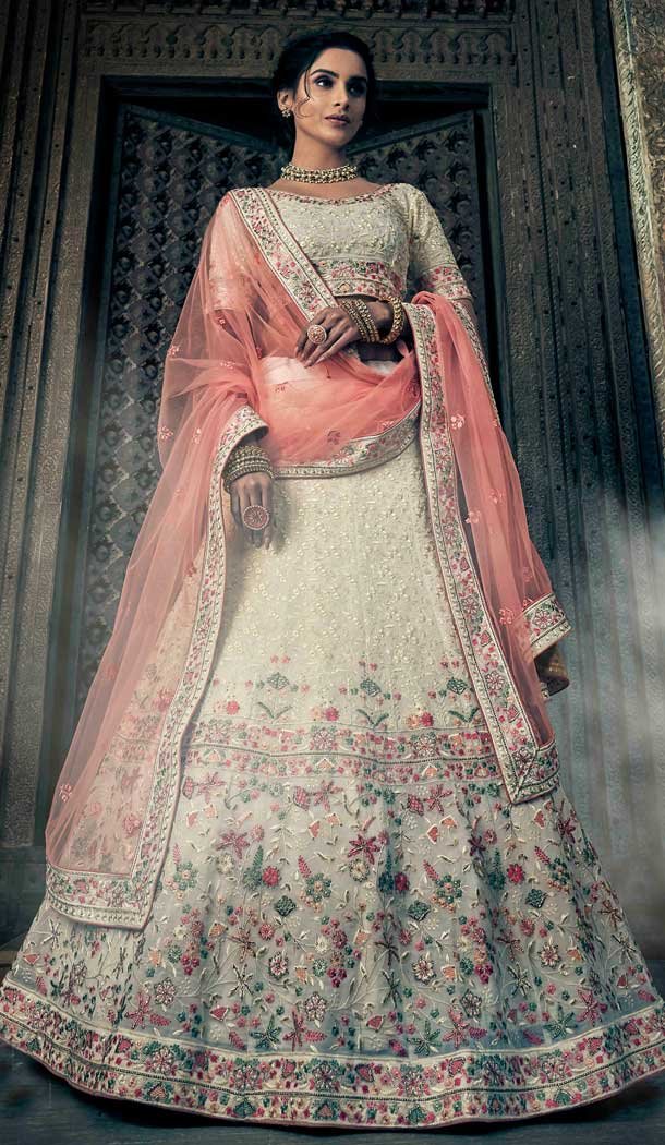 Off White Color Georgette Heavy Designer Bridal Wedding Wear Lehenga Choli -536122034
