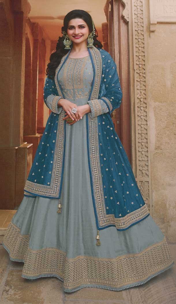 Prachi Desai Grey Color Dola Silk Designer Anarkali Salwar Suit -543122121