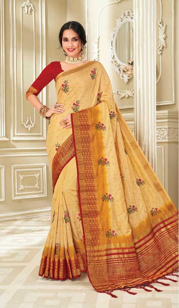 Cream Color Raw Silk Traditional Party Wear Women Saree Blouse -552122207