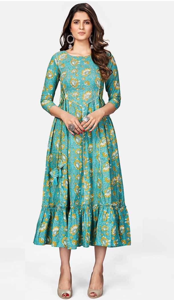 Firozi Color Cotton Designer Casual Party Wear Readymade Kurti -562122272