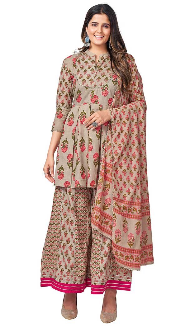 Marvelous Grey Color Cotton Printed Casual Office Party Wear Salwar Kameez -88857535