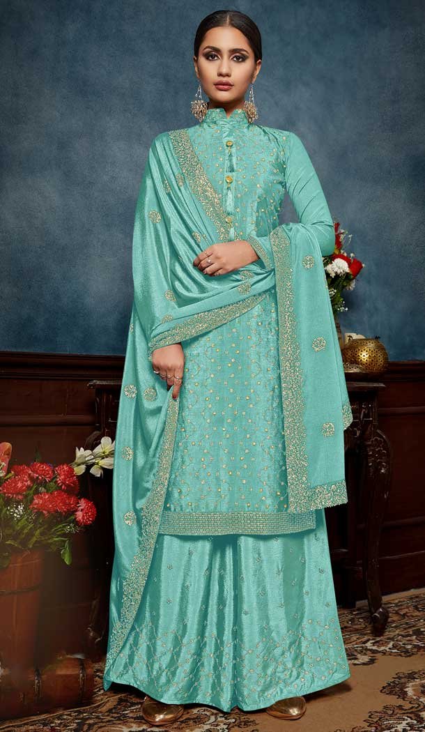Blue Color Chinon Embroidery Party Wear Palazzo Salwar Kameez -88947604