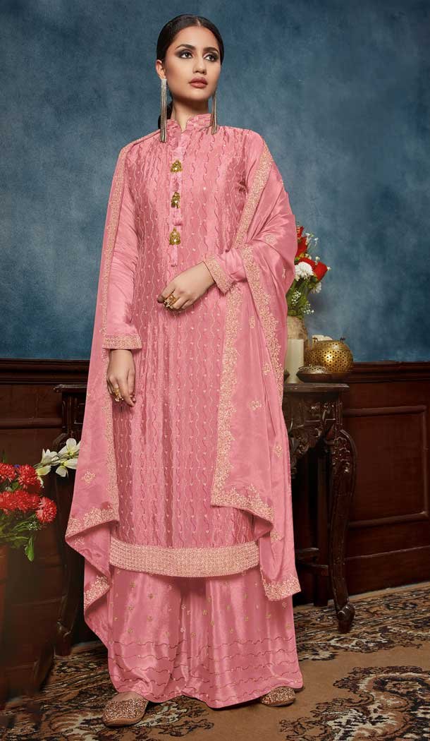 Pink Color Chinon Embroidery Party Wear Palazzo Salwar Kameez -88947606