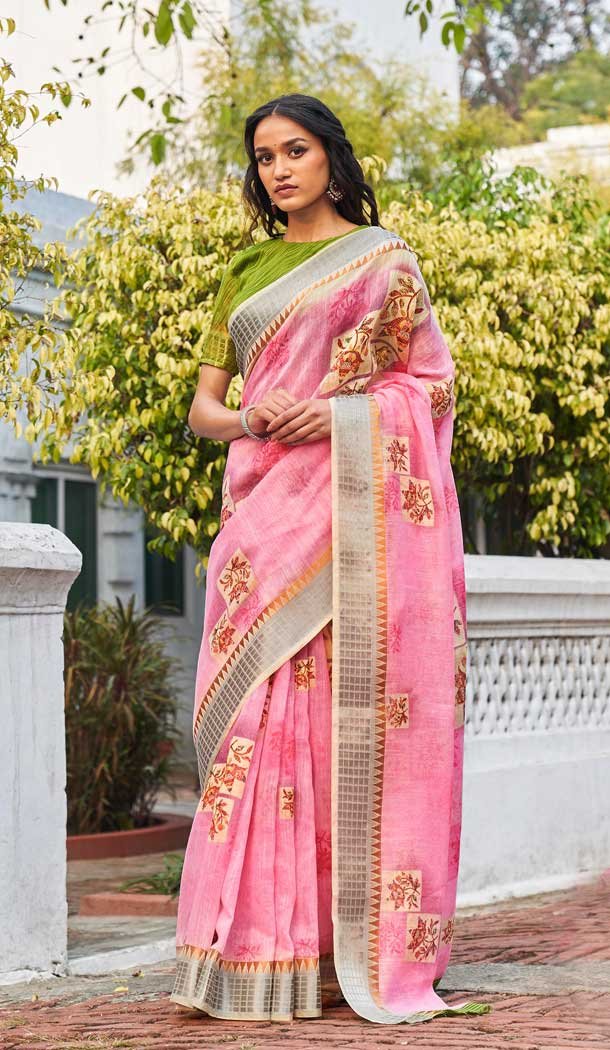 Light Pink Color Fancy Soft Linen Casual Office Wear Saree Blouse -576122494
