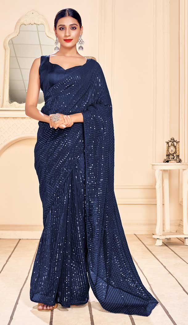 Navy Blue Color Faux Georgette Embroidery Casual Party Wear Saree -89067688