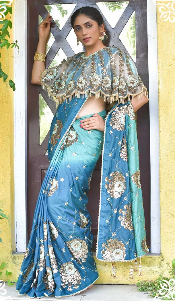 Morpich Color Dola Silk Heavy Embroidered Designer Wedding Saree -615122806