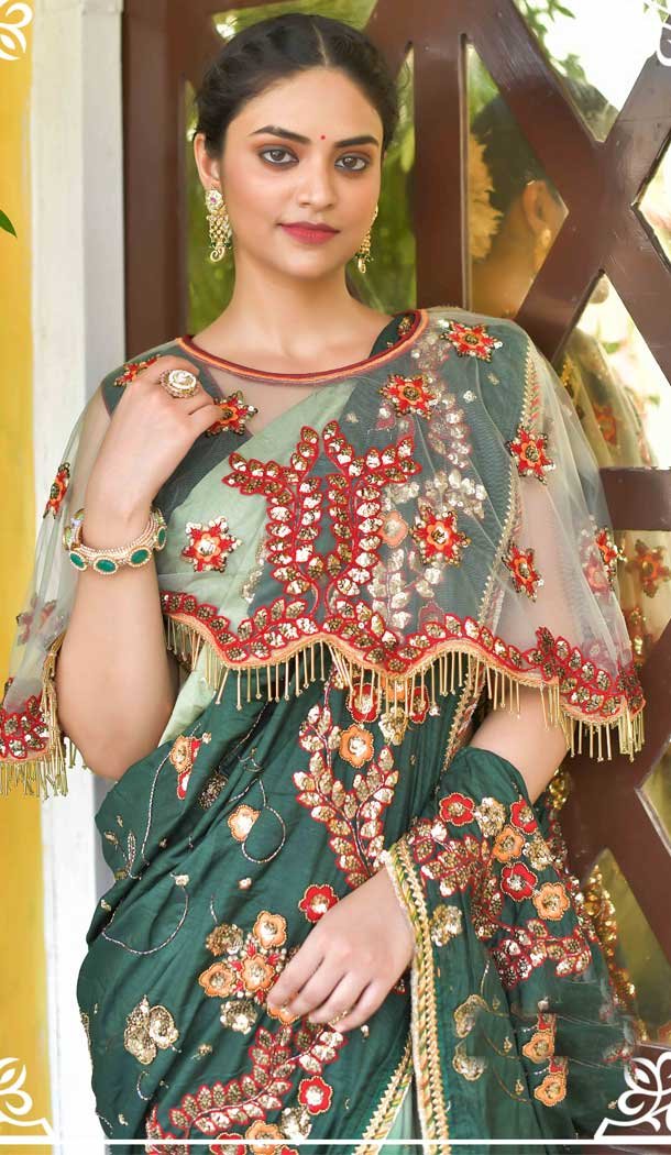 Green Color Dola Silk Heavy Embroidered Designer Wedding Saree -615122808