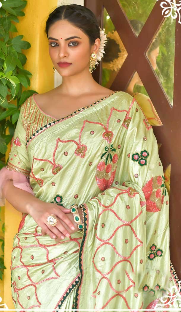 Pista Color Caracal Silk Heavy Embroidered Designer Wedding Saree -615122812