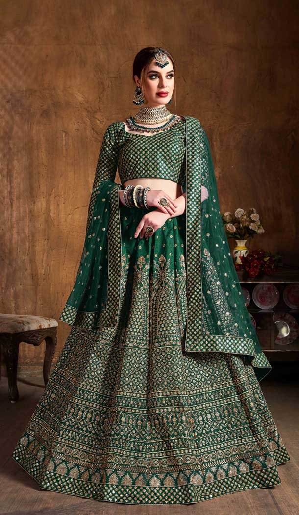 Green Color Raw Silk Designer Wedding Sangeet Wear Lehenga Choli -645123102