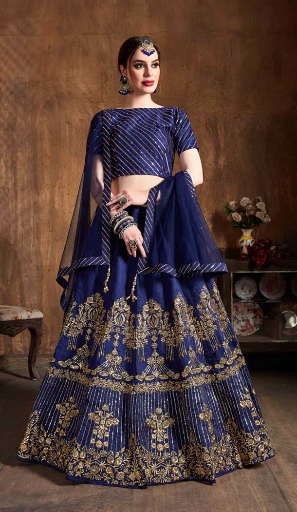 Navy Blue Color Art Silk Designer Wedding Sangeet Wear Lehenga Choli -645123107
