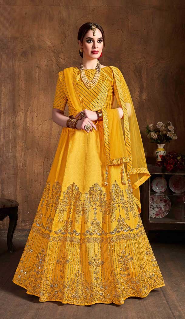 Yellow Color Art Silk Designer Wedding Sangeet Wear Lehenga Choli -645123109