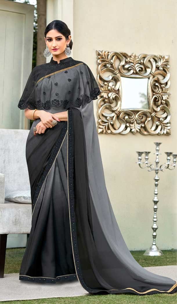 Grey Black Color Cadbury Chiffon Casual Party Wear Women Saree Blouse -657123267