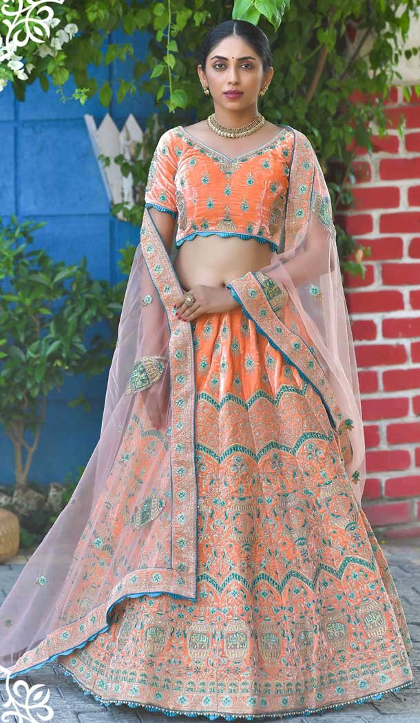 Orange Color Velvet Heavy Designer Bridal Wedding Wear Lehenga Choli -664123313