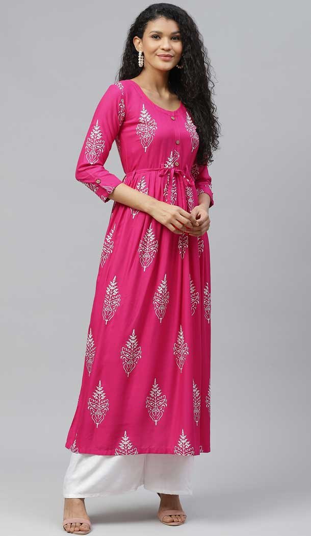 Magnificient Pink Color Rayon Designer Party Wear Readymade Aanarkali Kurti -665123323