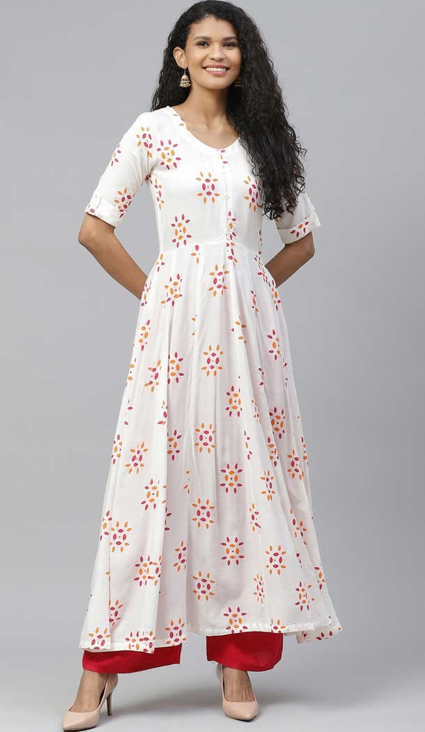 White Color Rayon Designer Party Wear Readymade Aanarkali Kurti -665123327