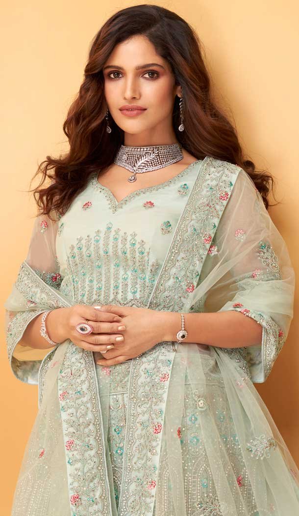 Glacial Green Color Net Hand Worked Designer Bridal Wear Lehenga Choli -775124513