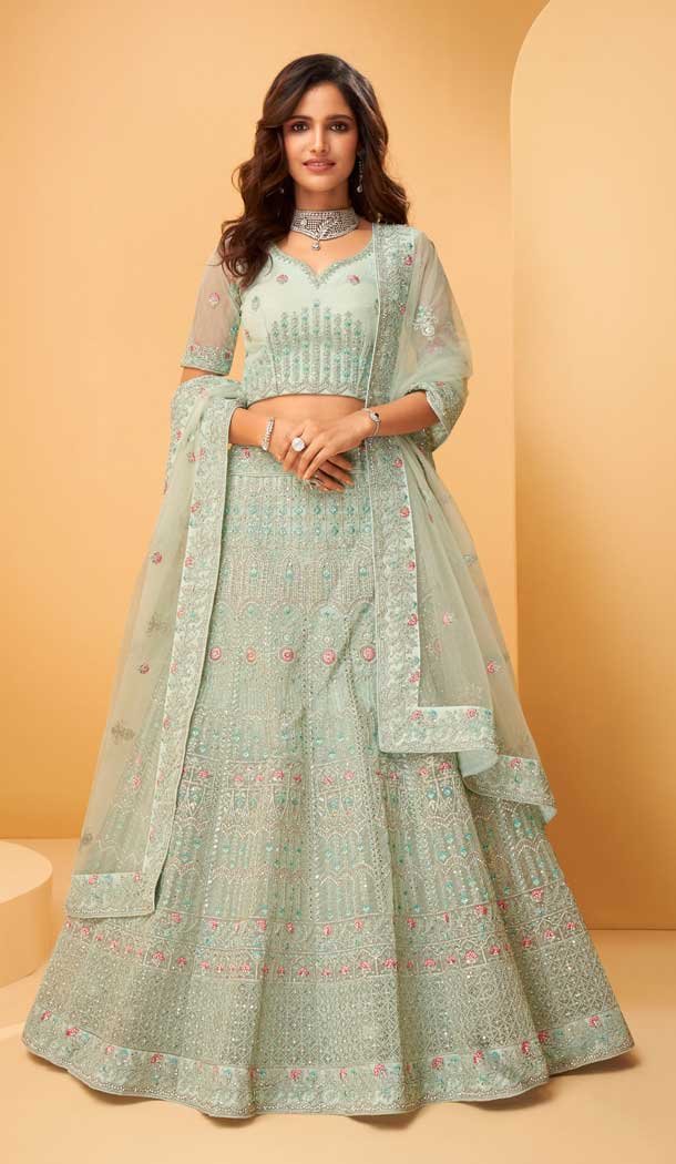 Glacial Green Color Net Hand Worked Designer Bridal Wear Lehenga Choli -775124513