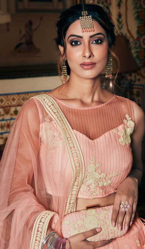 Peach Color Net Heavy Designer Bridal Party Wear Lehenga Choli -784124591